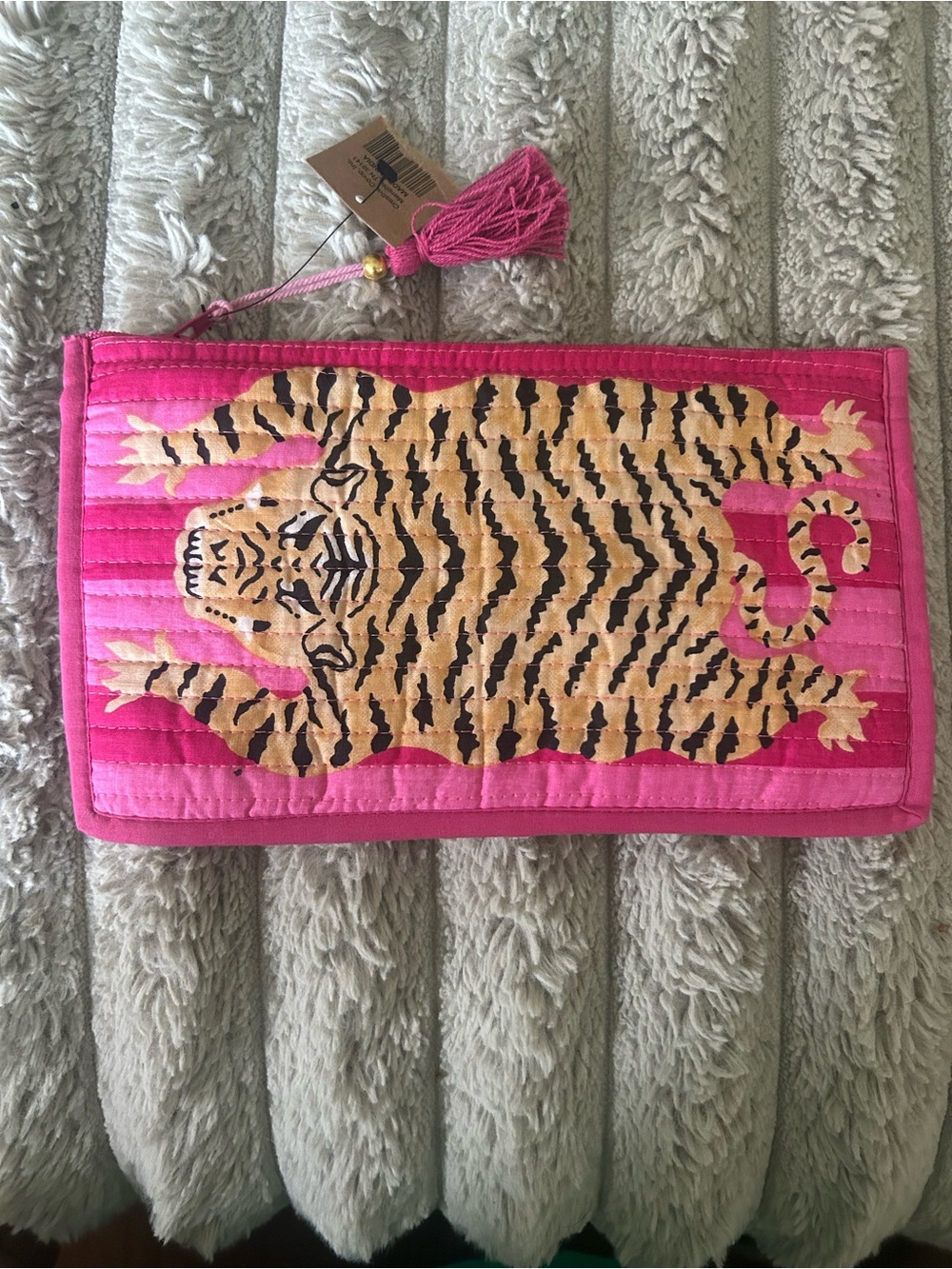 NWT Pink Tiger Quilted Cotton Zip Pouch Clutch Tassel Cosmetic Bag